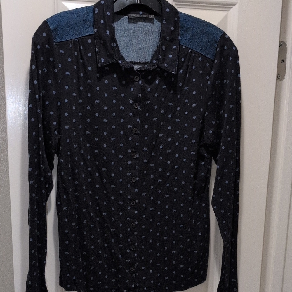 Women's Navy Blue And Denim Polka Dot And Cow Shirt Size S US 2